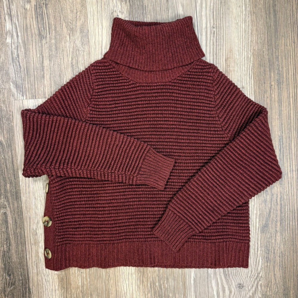 Madewell Burgundy Ribbed Chunky Turtleneck Sweater Side Button Dark Academia M